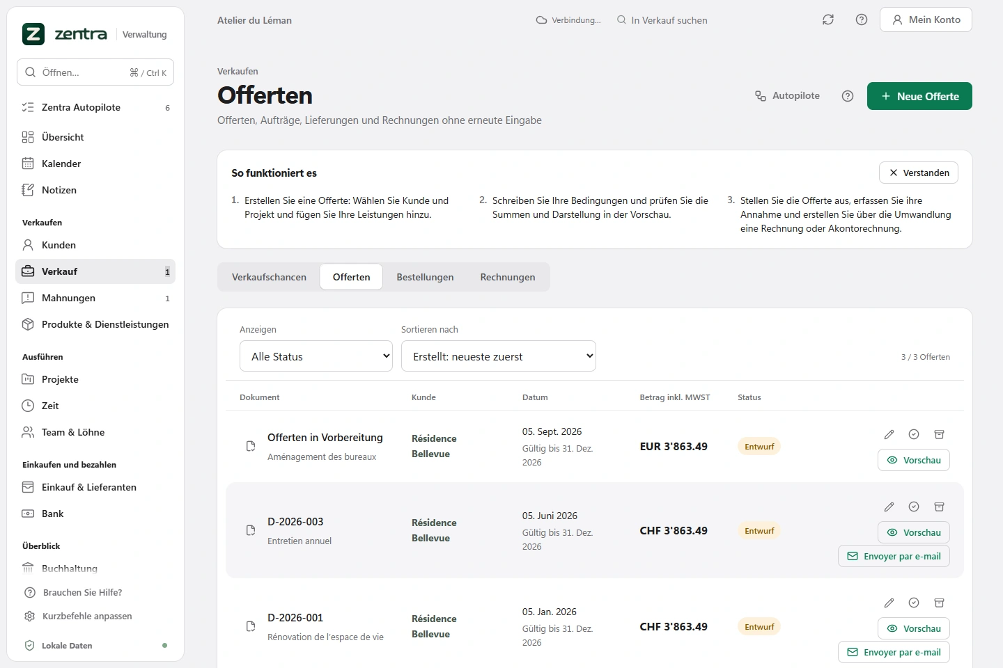 Die Offertenliste in Zentra