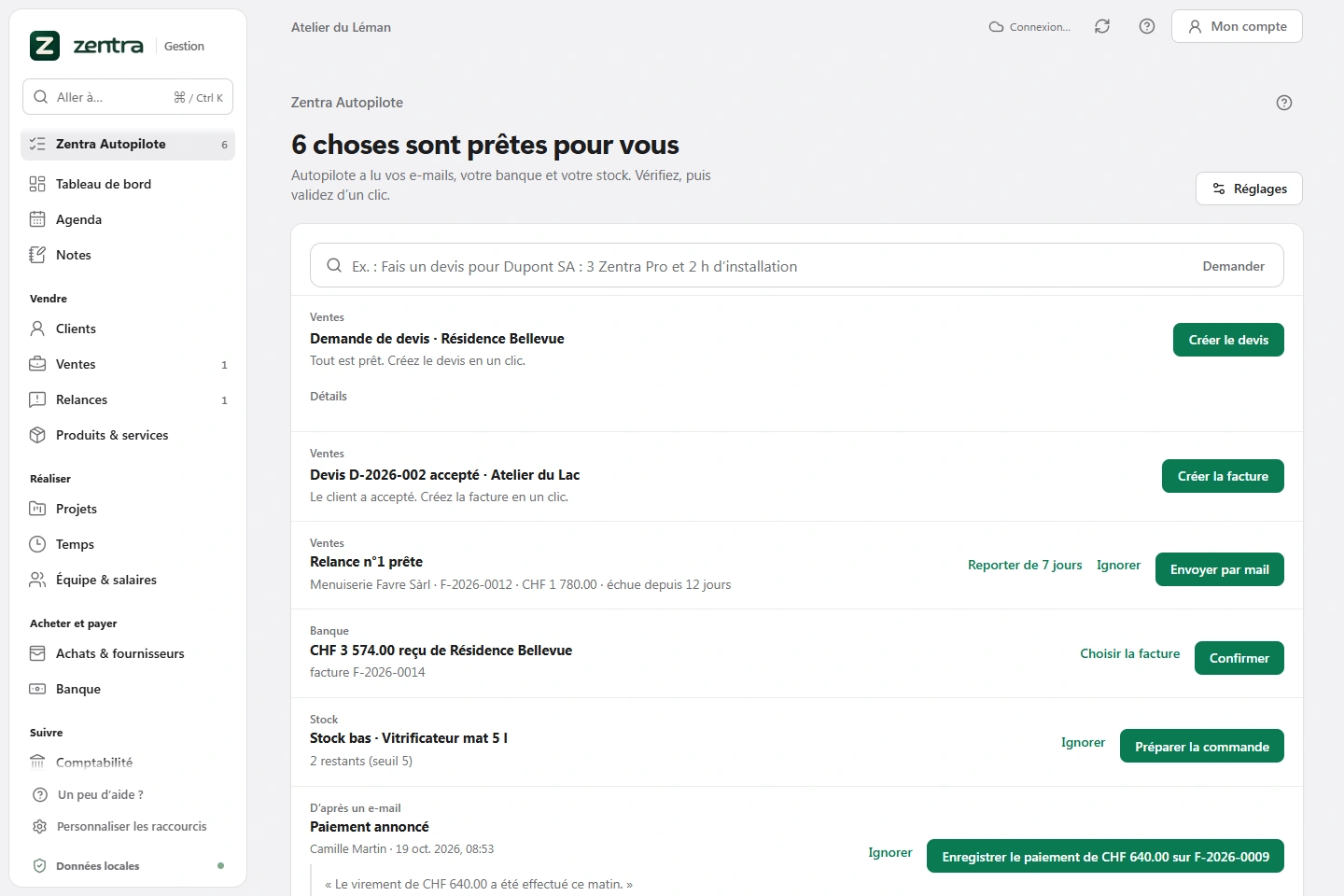 La page Aujourd’hui d’Autopilote dans Zentra