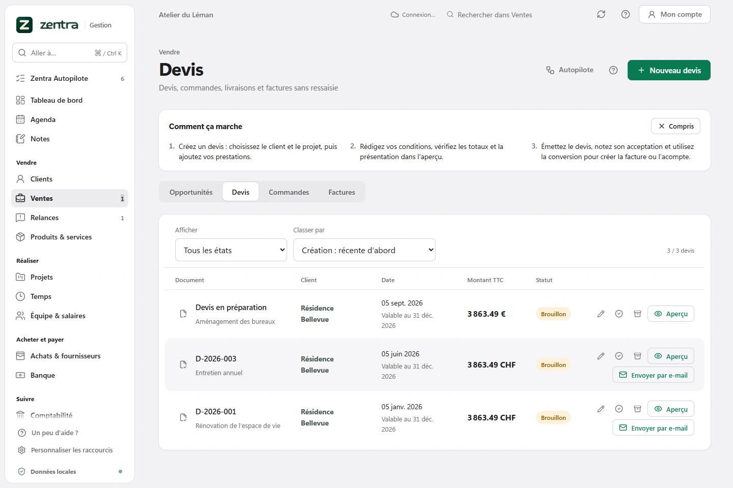 La liste des devis dans Zentra