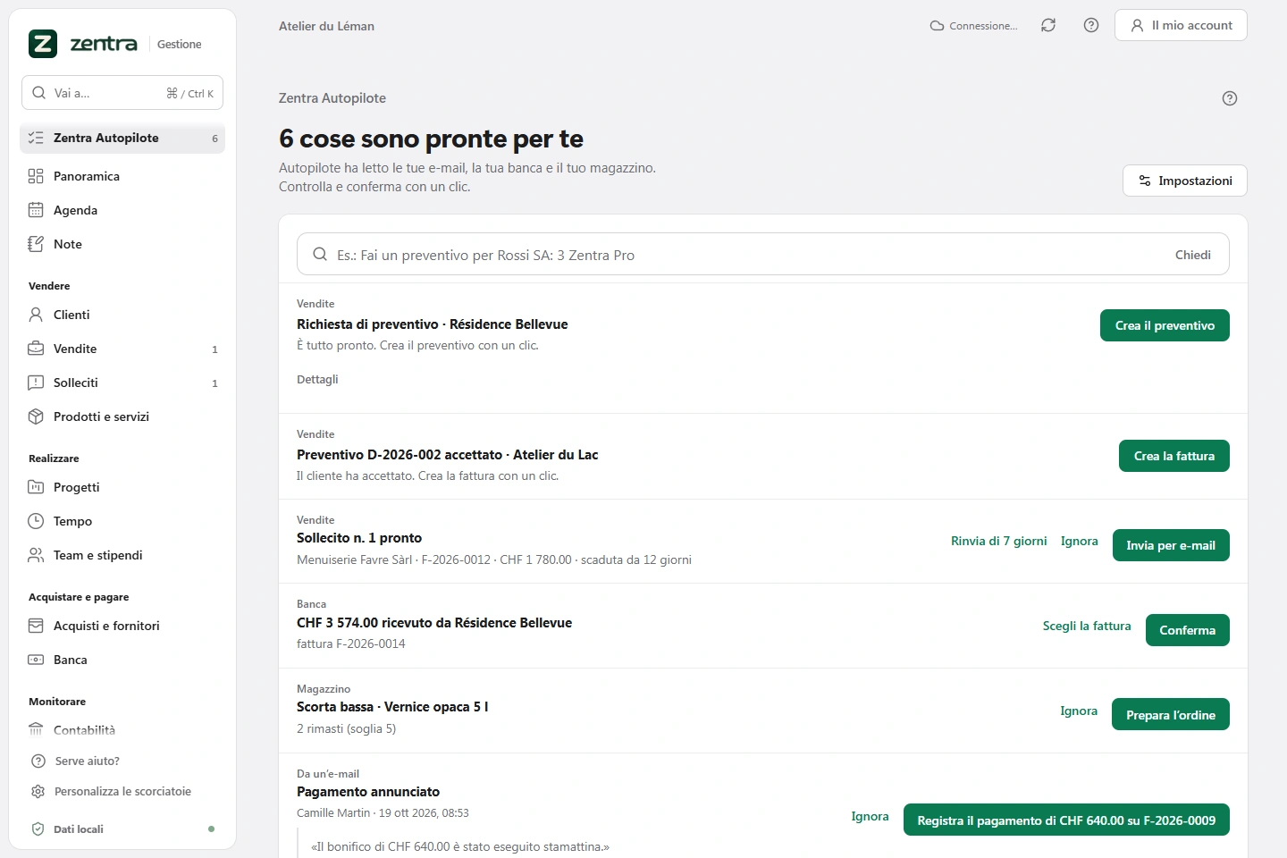 La pagina Oggi di Autopilote in Zentra